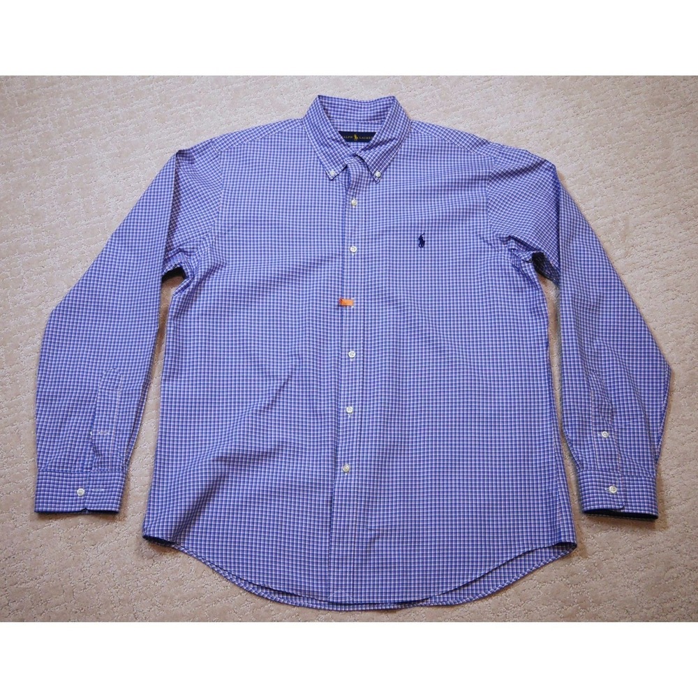 Ralph Lauren Mens‎ Large Blue Pink Plaid Button Down Shirt Long Sleeve Pony Logo